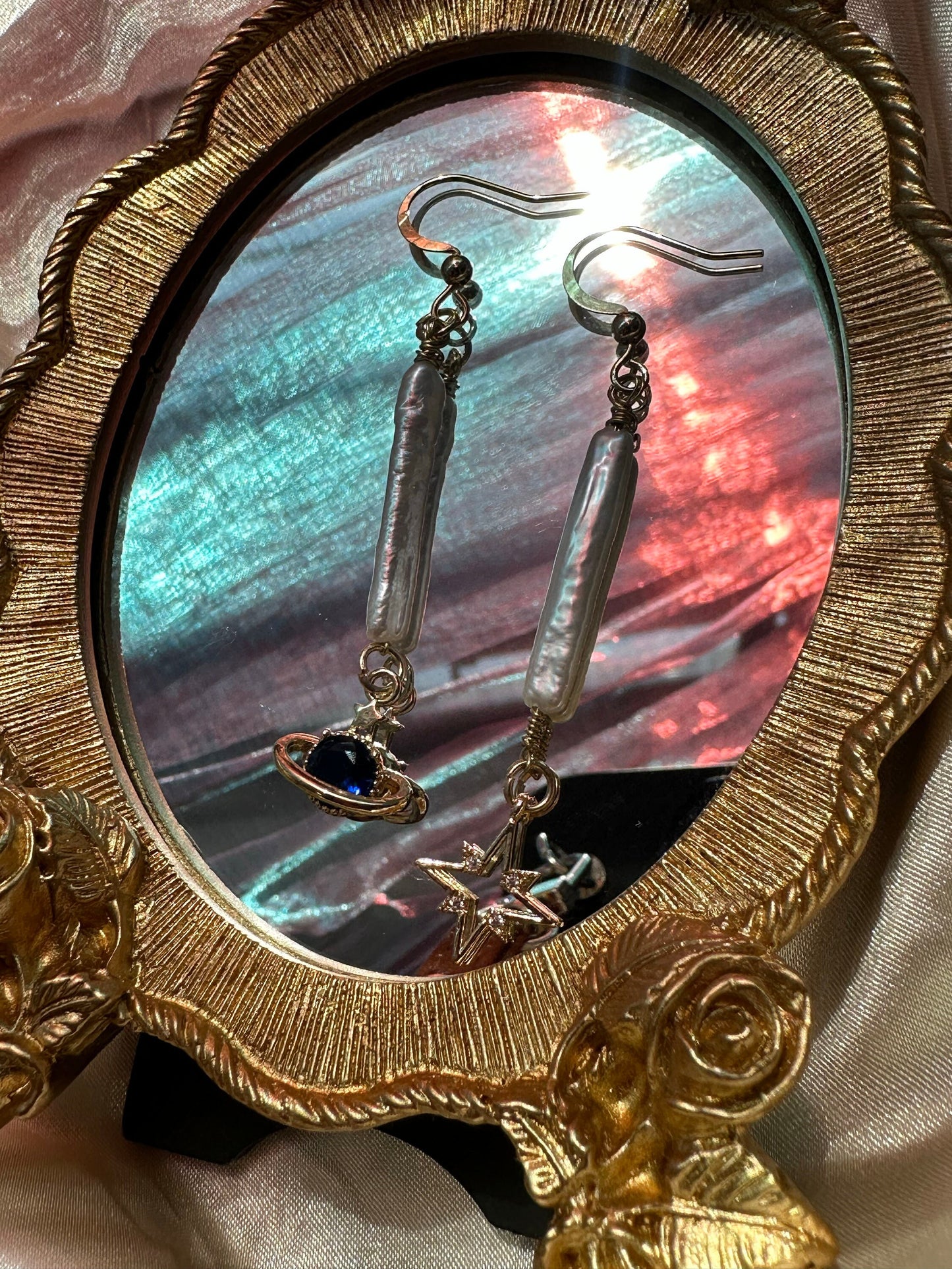 Dangle Biwa Stick Pearl Earrings Natural Freshwater Pearl Earrings 14K Gold Star and Planet Earrings Zircon Mismatch Earrings