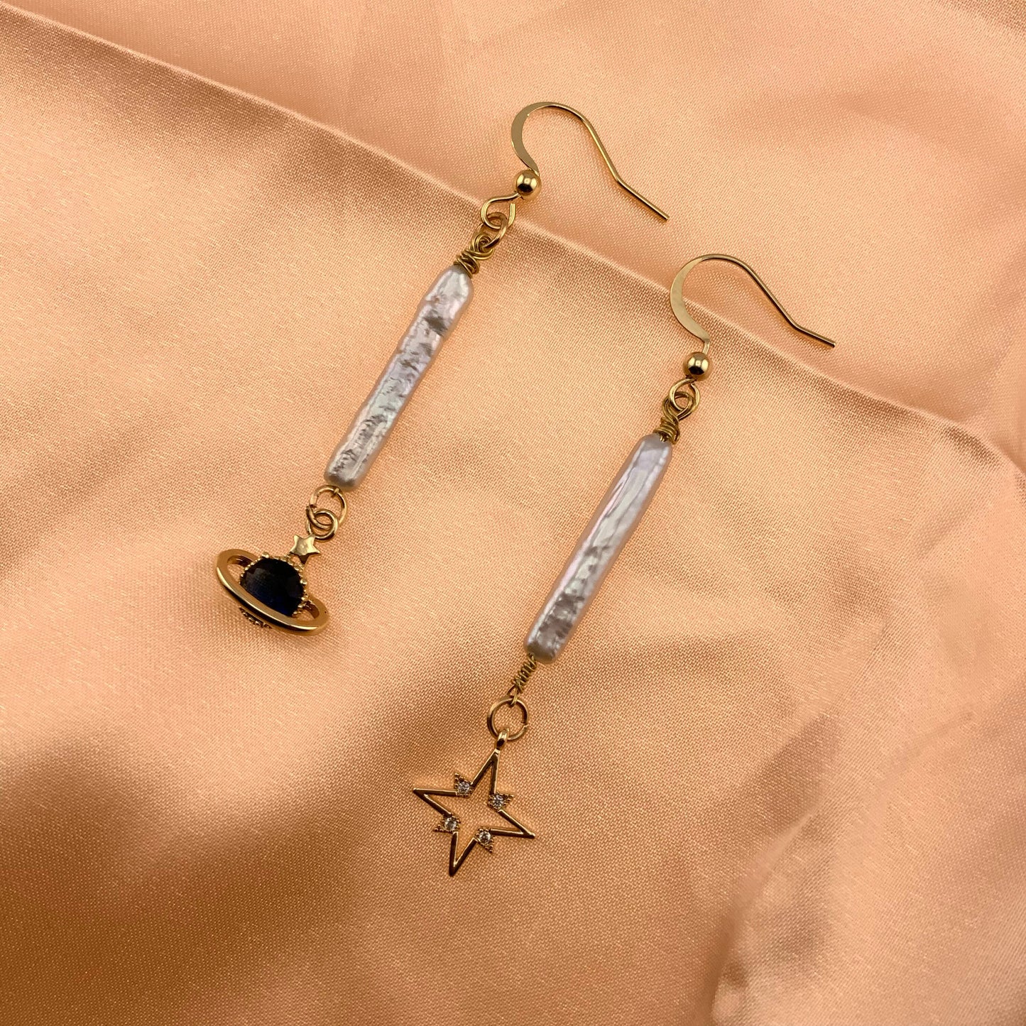 Dangle Biwa Stick Pearl Earrings Natural Freshwater Pearl Earrings 14K Gold Star and Planet Earrings Zircon Mismatch Earrings