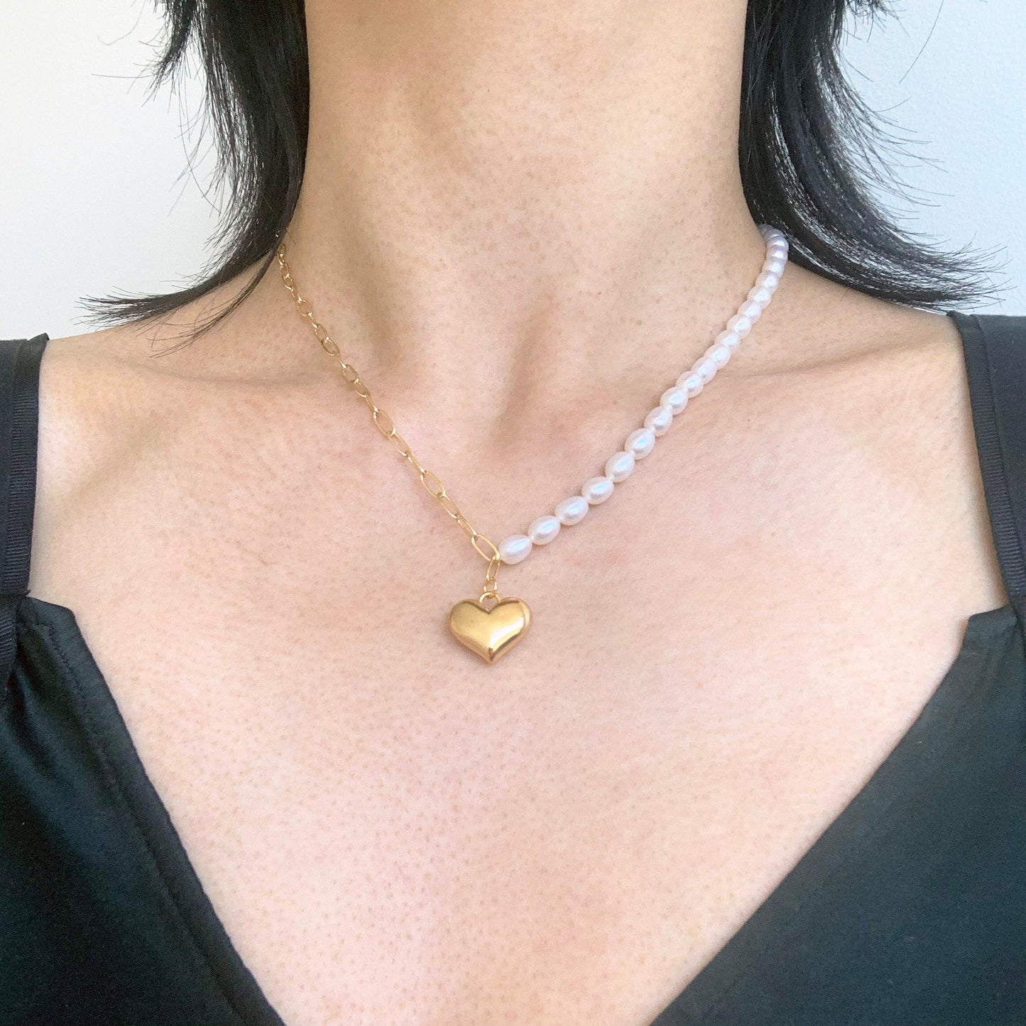 Heart Pendant 18K Gold Fill Pendant Necklace Gift For Her Paperclip Chain half beaded pearl Necklace