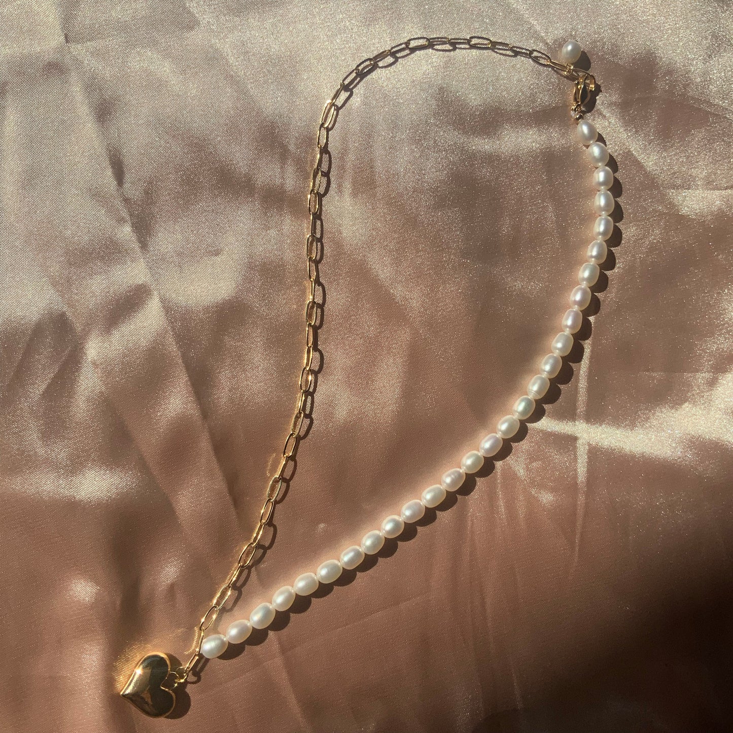 Heart Pendant 18K Gold Fill Pendant Necklace Gift For Her Paperclip Chain half beaded pearl Necklace