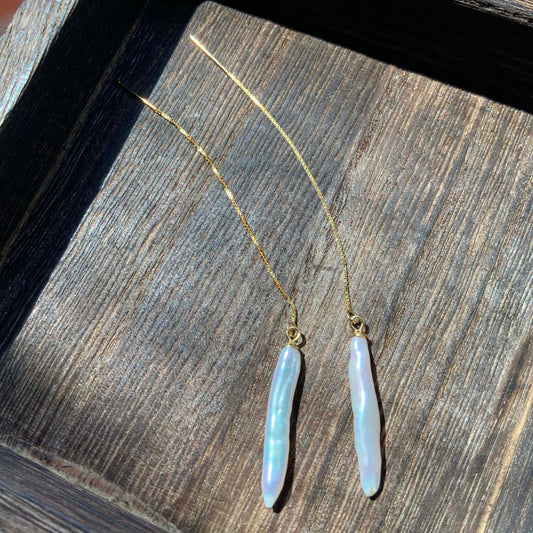 Sterling silver Biwa stick pearl threader earrings