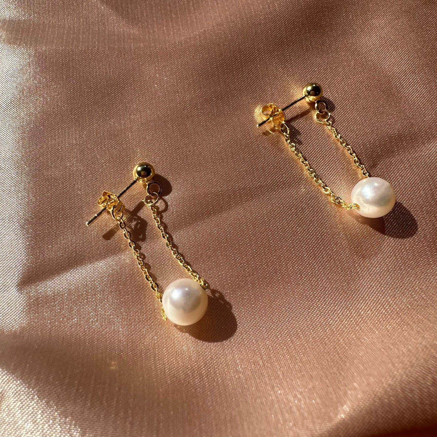 Sterling Silver Drifting Pearl Earrings Gold Plated Chain Gift for her