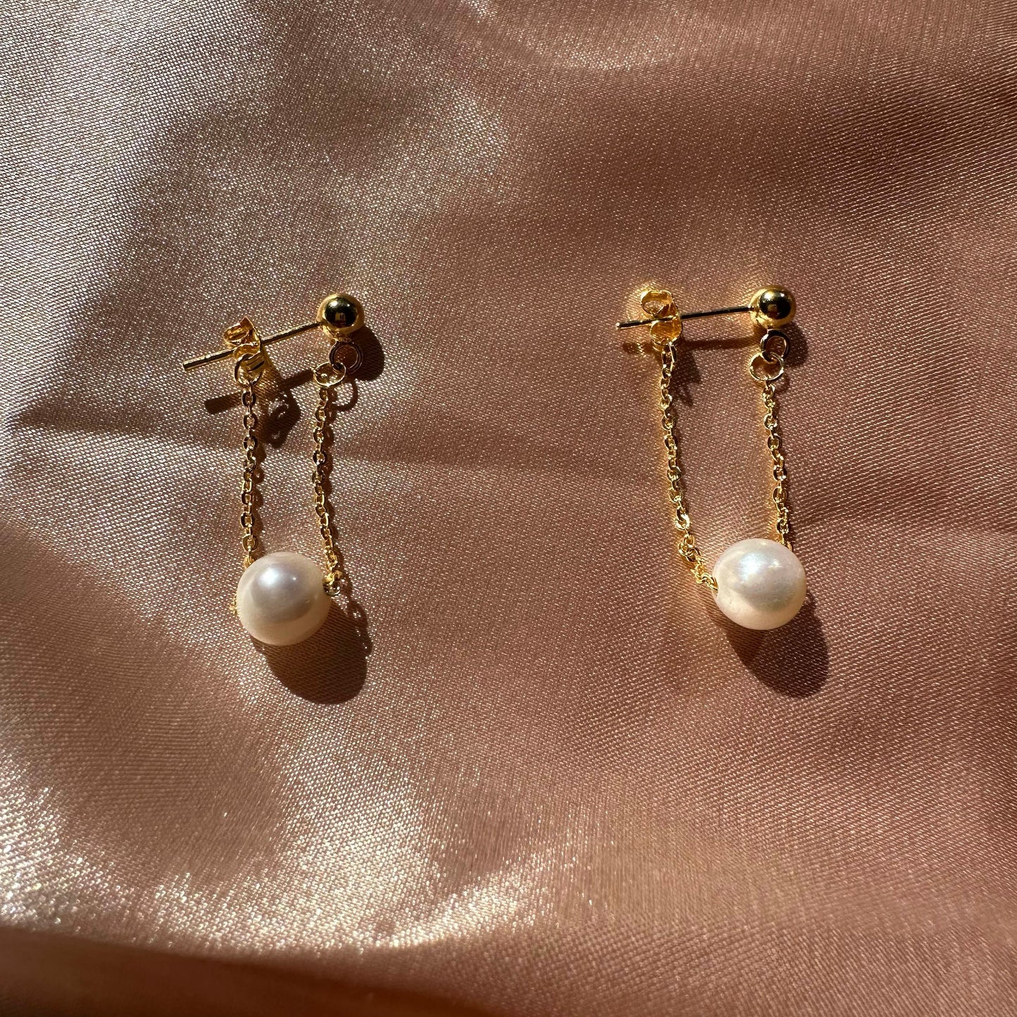 Sterling Silver Drifting Pearl Earrings Gold Plated Chain Gift for her