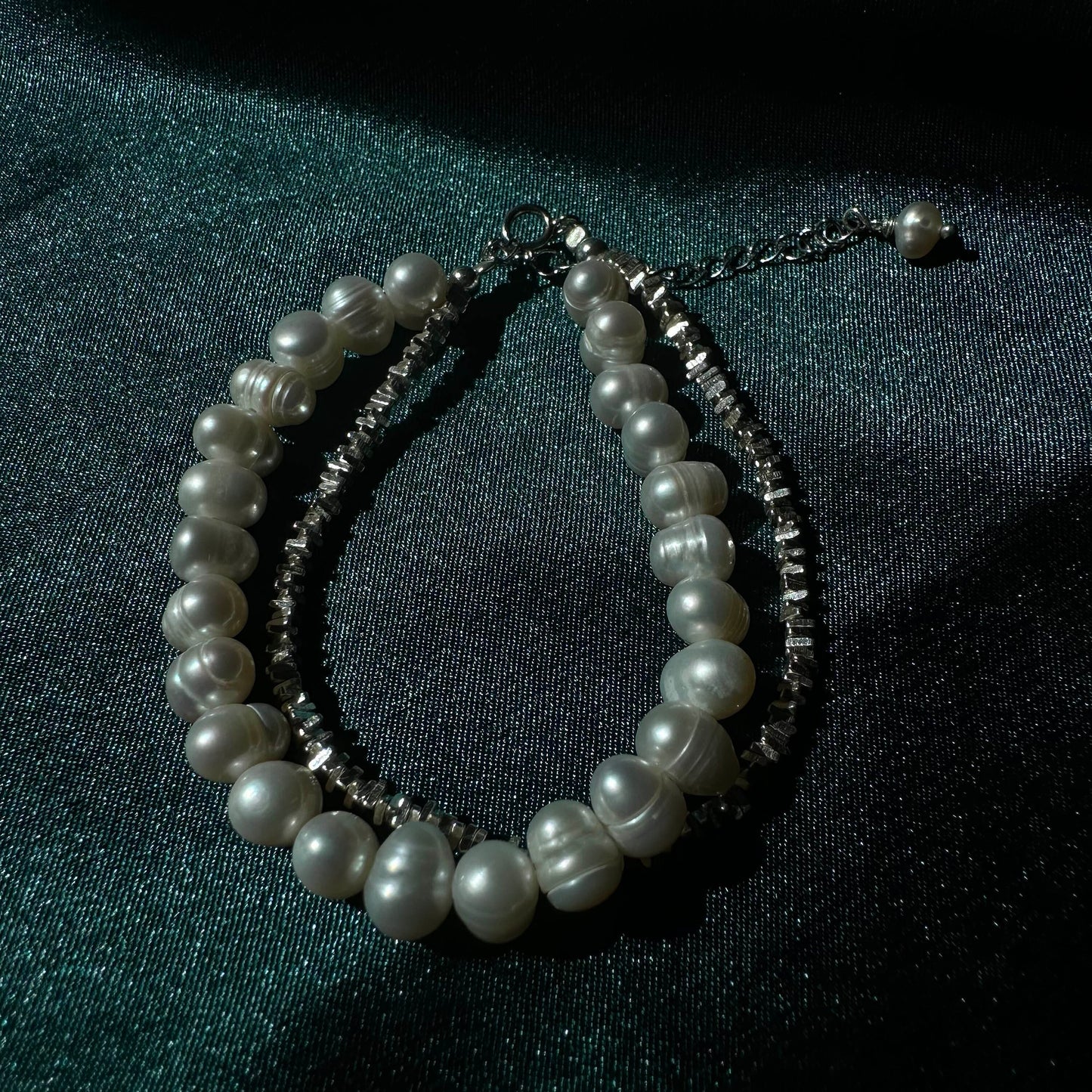 Sterling Silver Beaded Bracelet Bridal Pearl Beaded Bracelet Double Chain bracelet