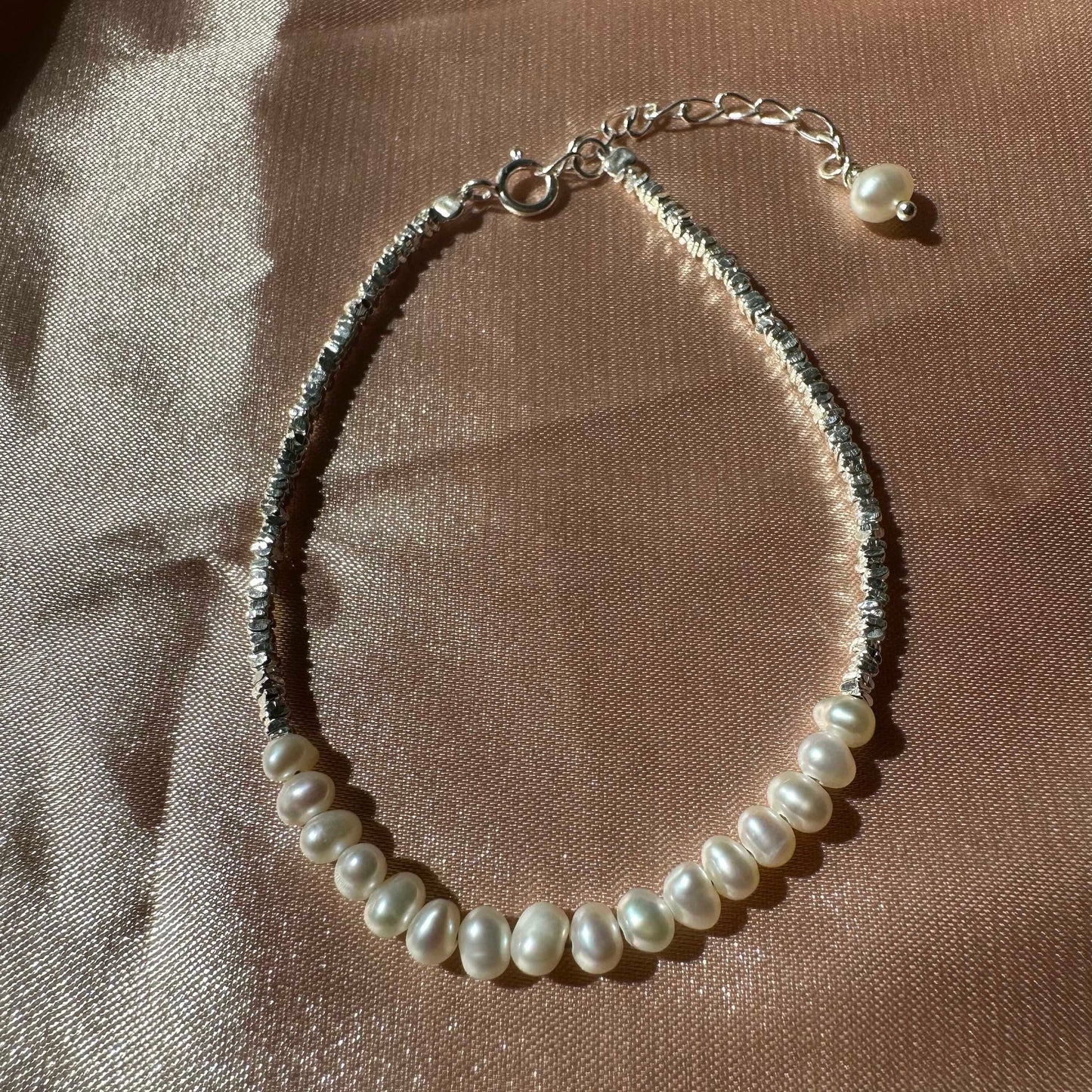 Sterling Silver Beaded Bracelet Bridal Pearl Beaded Bracelet Dainty Chain bracelet