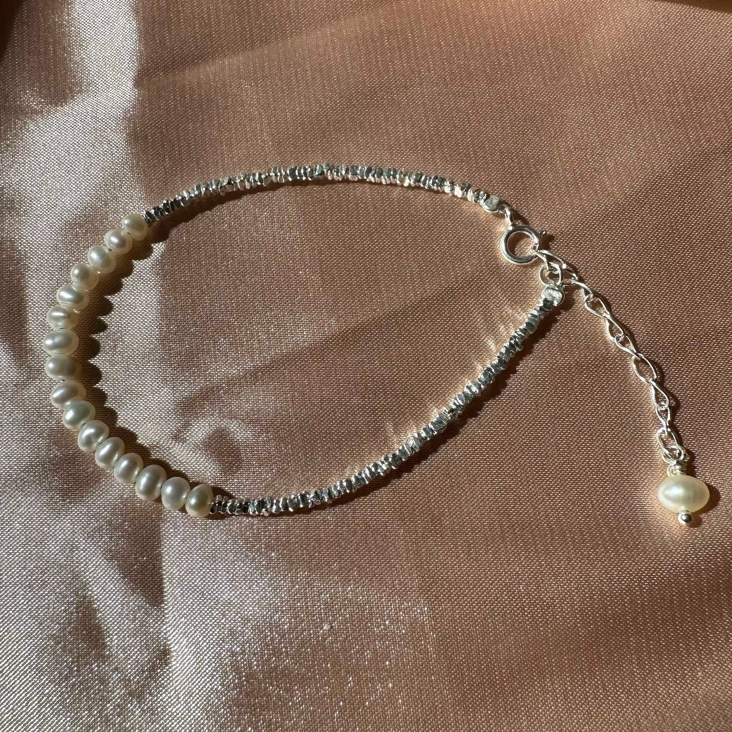 Sterling Silver Beaded Bracelet Bridal Pearl Beaded Bracelet Dainty Chain bracelet