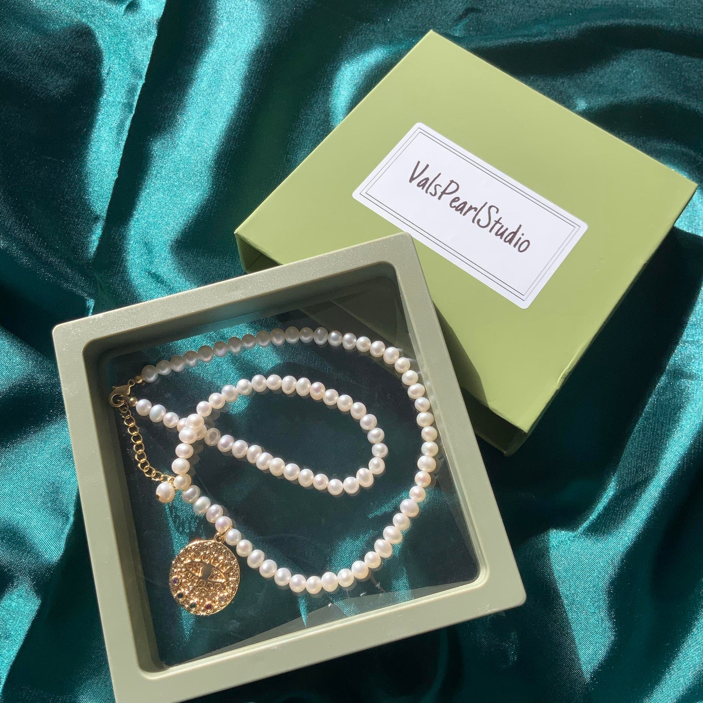Evil Eye Pendant 18K Gold Plated Pendant Necklace Fully Beaded Pearl Necklace Gift For Her