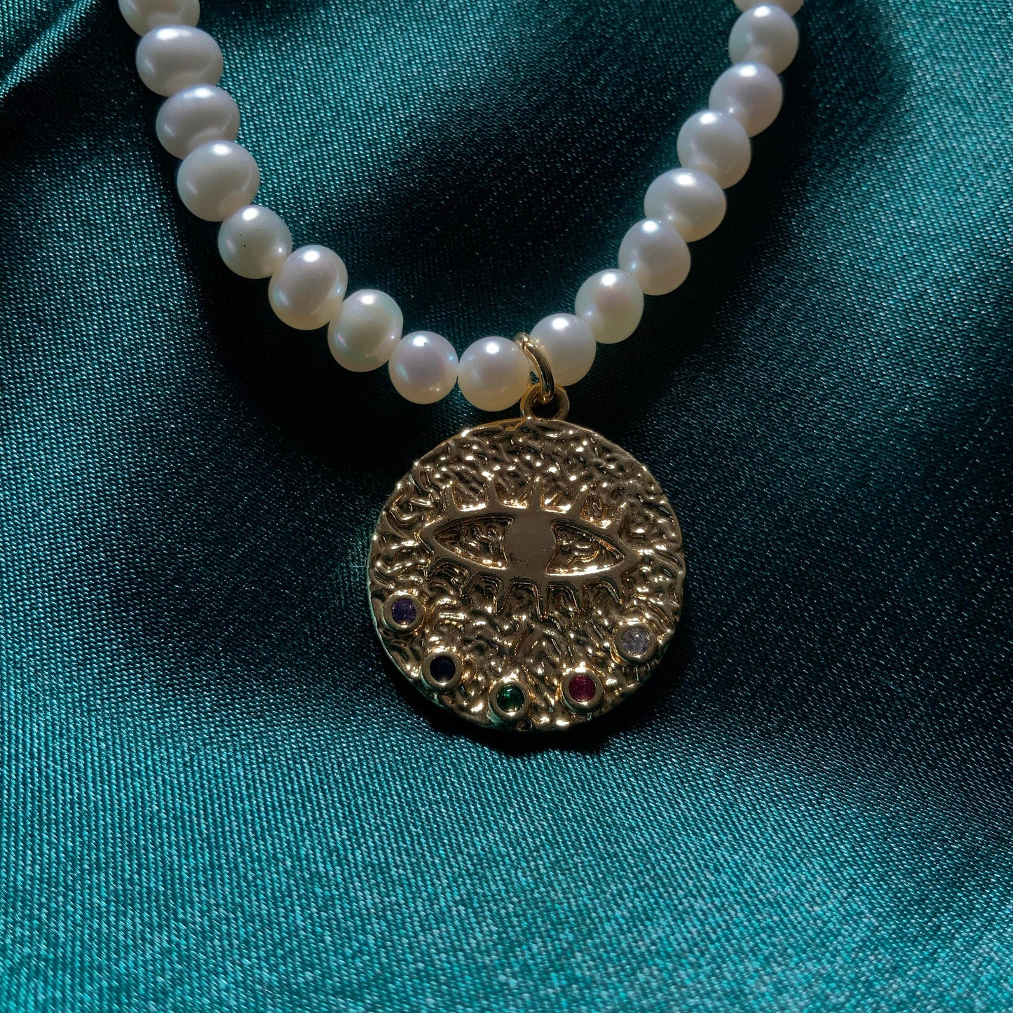 Evil Eye Pendant 18K Gold Plated Pendant Necklace Fully Beaded Pearl Necklace Gift For Her