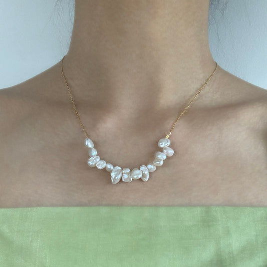 Sterling Silver Plated with Gold Irregular Pearl Necklace Pearl Bar Necklace Keshi Pearls Necklace Gift For Her Dainty Chain