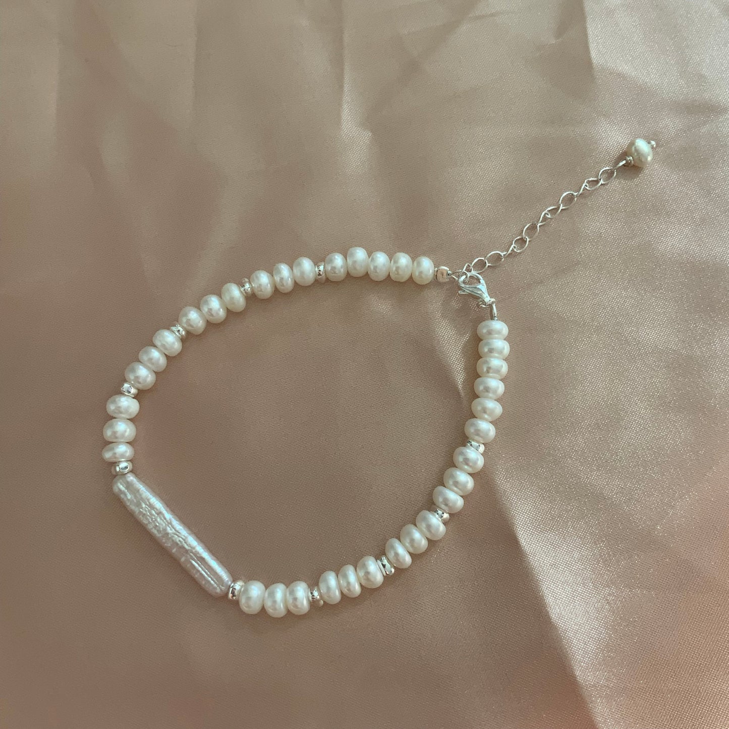 Sterling Silver Beaded Bracelet Bridal Pearl Beaded Bracelet Biwa Stick Pearl bracelet