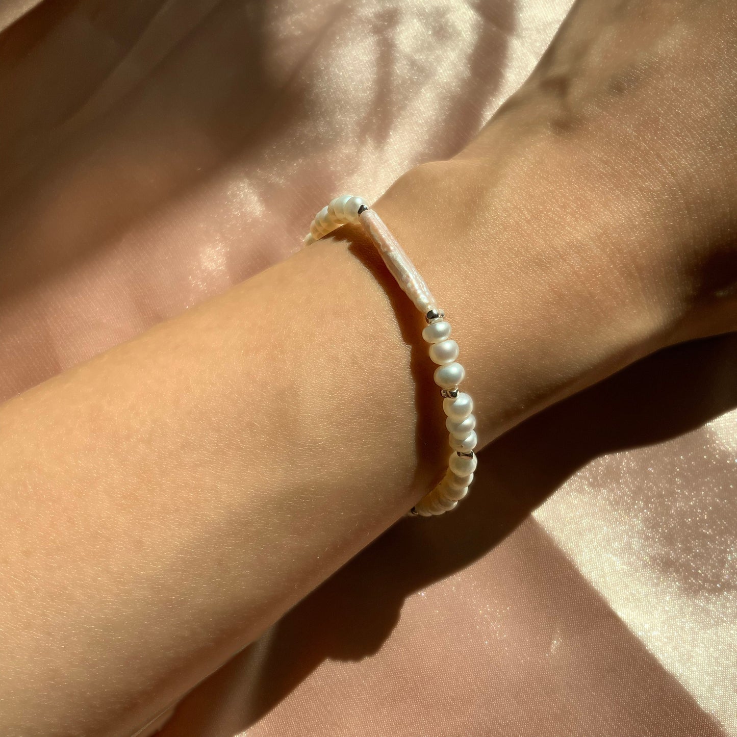 Sterling Silver Beaded Bracelet Bridal Pearl Beaded Bracelet Biwa Stick Pearl bracelet