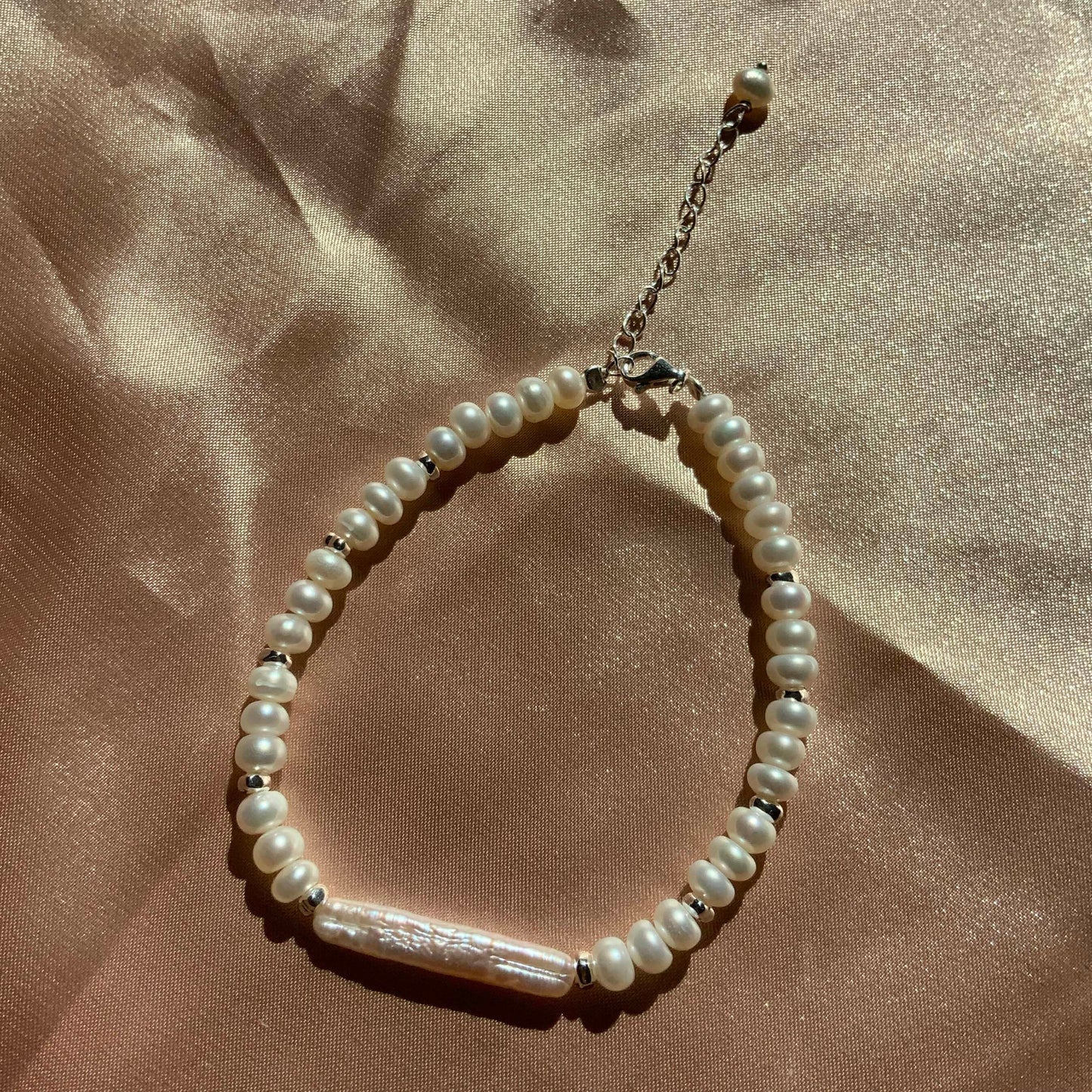 Sterling Silver Beaded Bracelet Bridal Pearl Beaded Bracelet Biwa Stick Pearl bracelet
