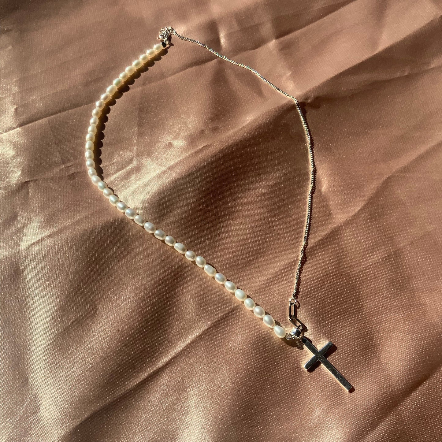 Cross Pendant Sterling Silver Pendant Necklace Gift For Her Curb Chain half beaded pearl Necklace