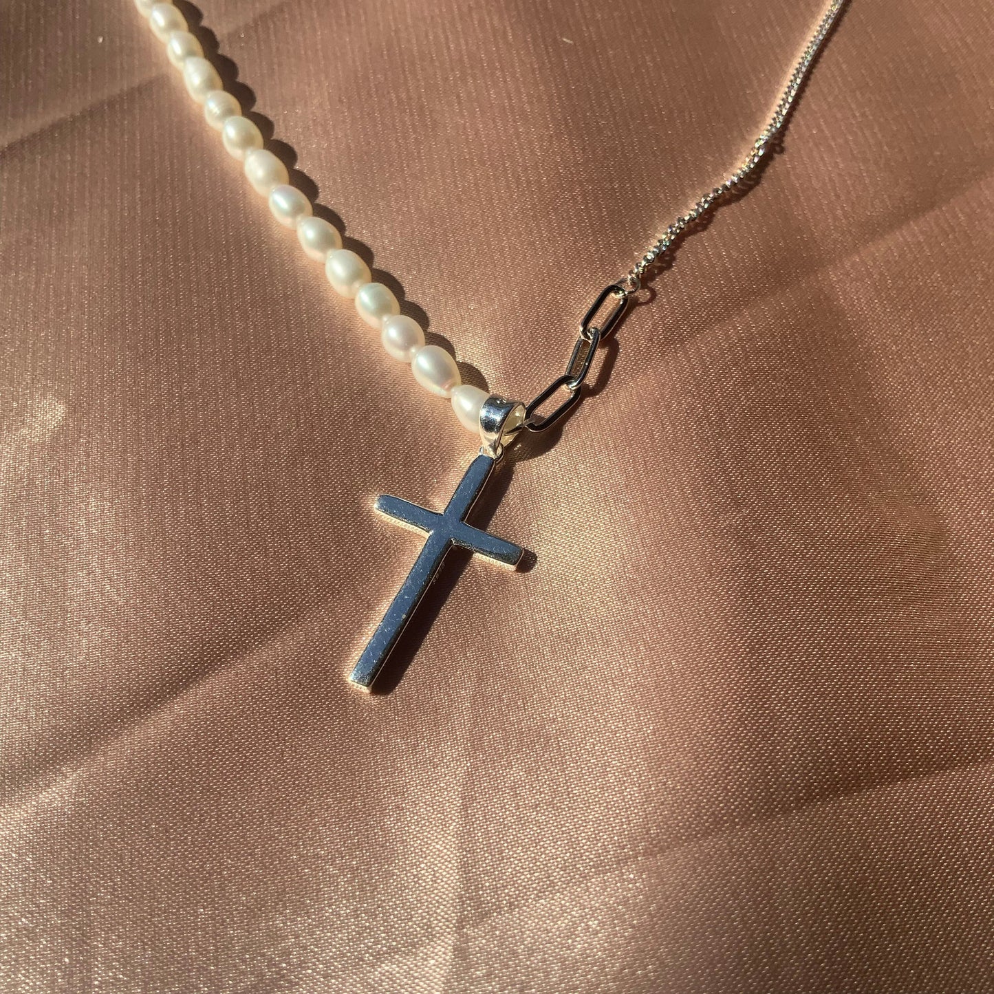 Cross Pendant Sterling Silver Pendant Necklace Gift For Her Curb Chain half beaded pearl Necklace