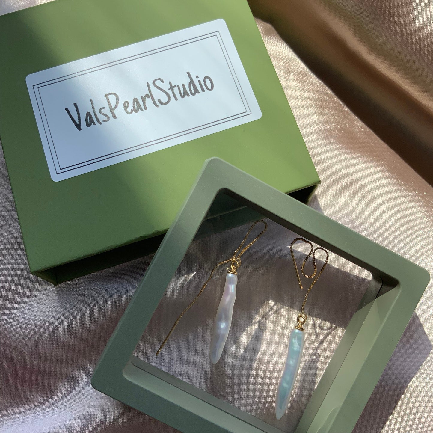 Sterling silver Biwa stick pearl threader earrings