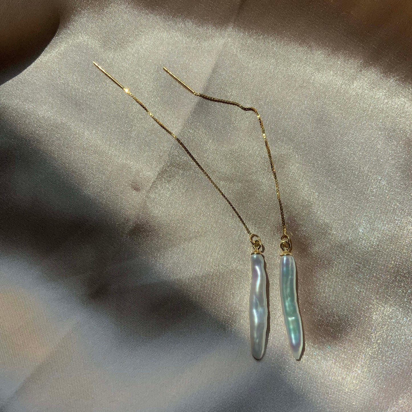 Sterling silver Biwa stick pearl threader earrings
