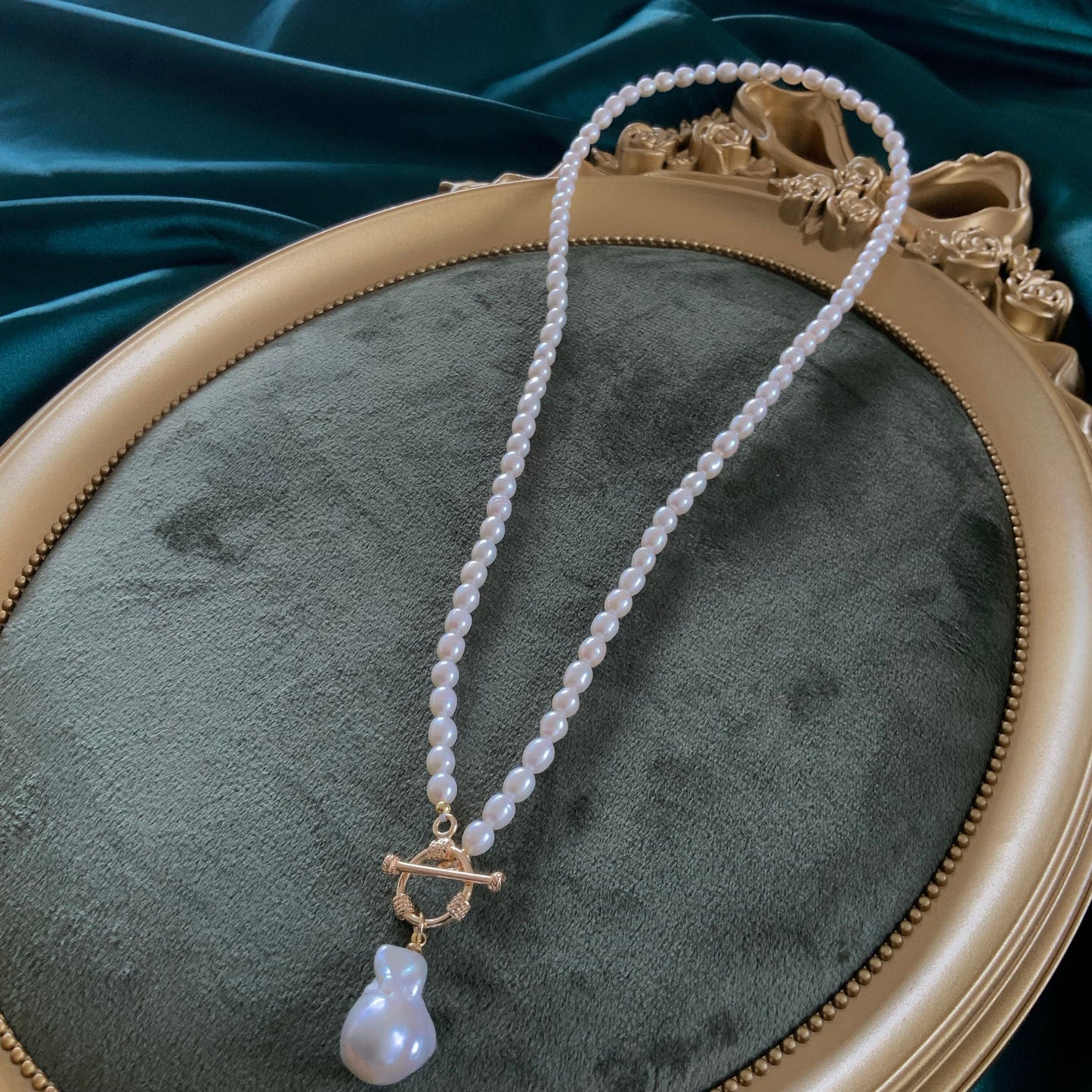 Flame Ball Pearl Gold Vermeil Statement Necklace Gift For Self Her Fully Beaded Necklace Baroque Pearl OT Clasp