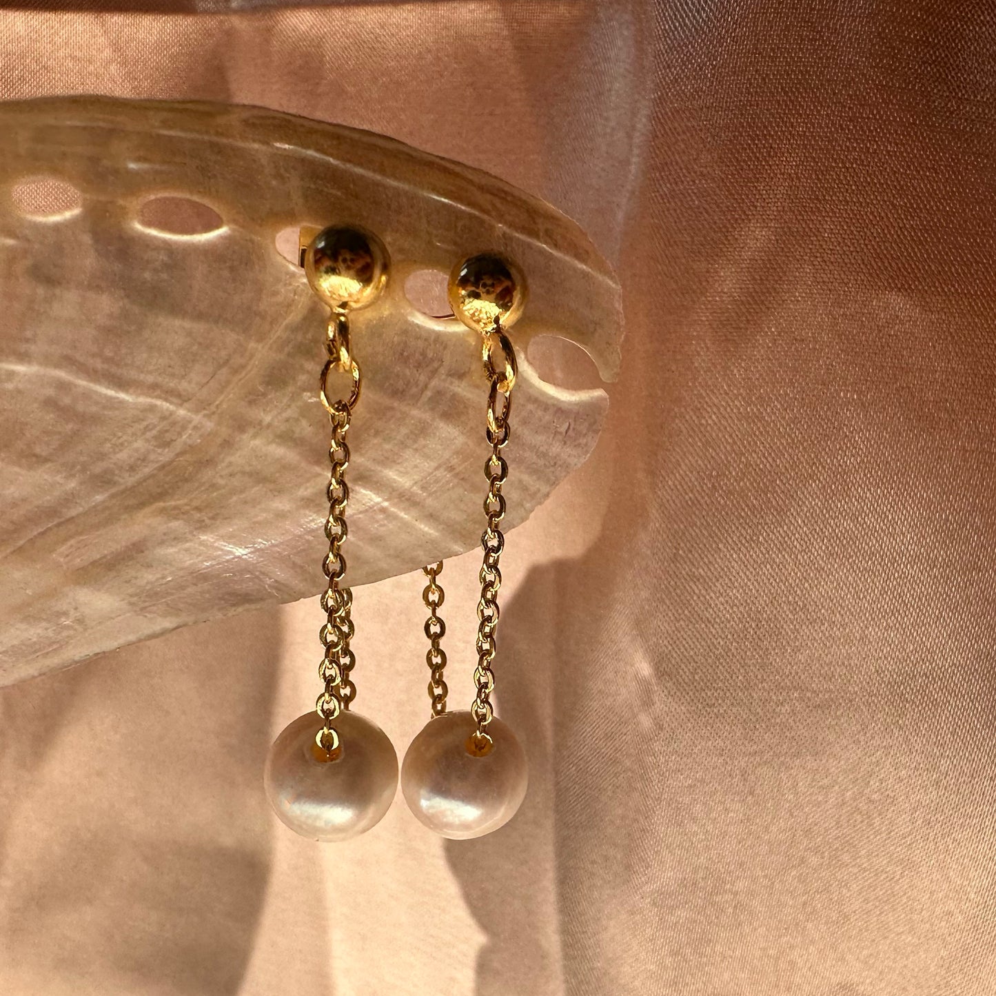 Sterling Silver Drifting Pearl Earrings Gold Plated Chain Gift for her