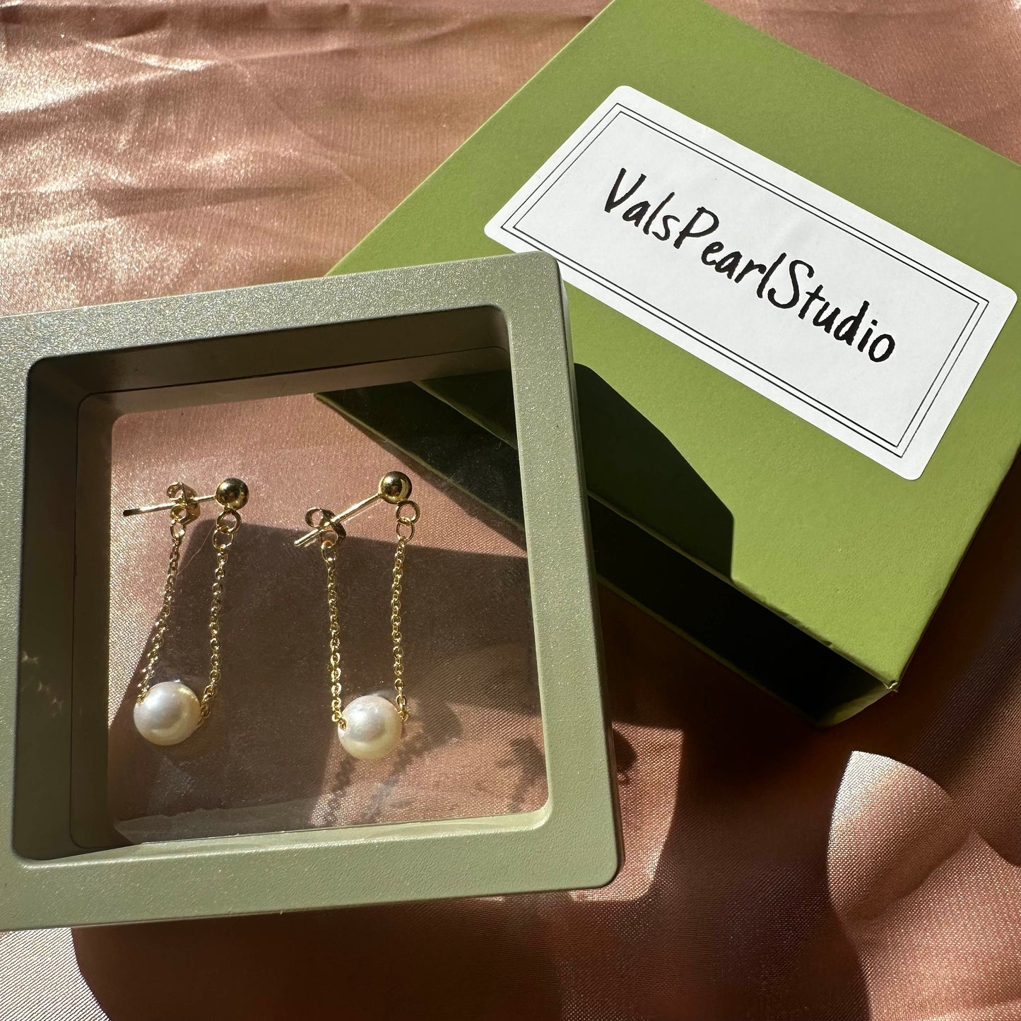 Sterling Silver Drifting Pearl Earrings Gold Plated Chain Gift for her