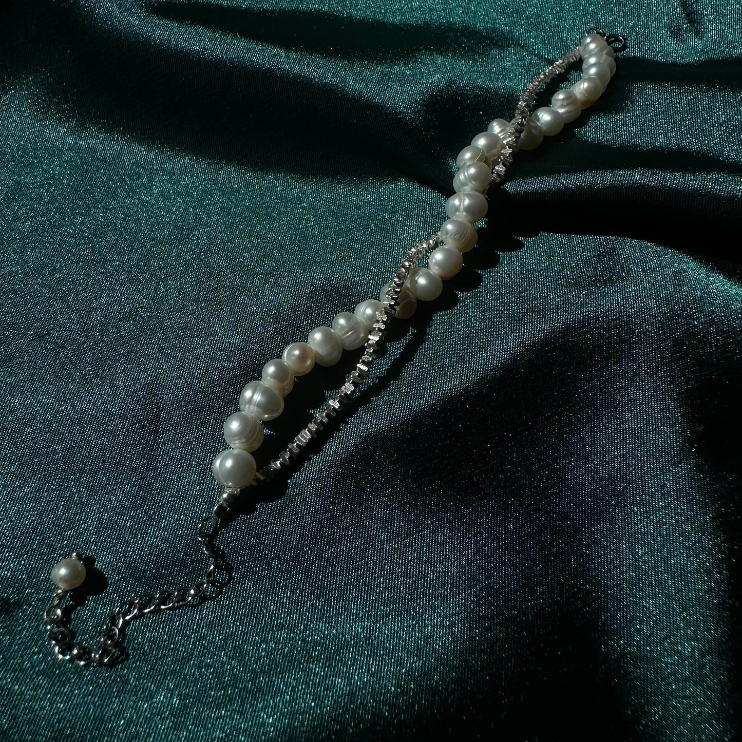 Sterling Silver Beaded Bracelet Bridal Pearl Beaded Bracelet Double Chain bracelet