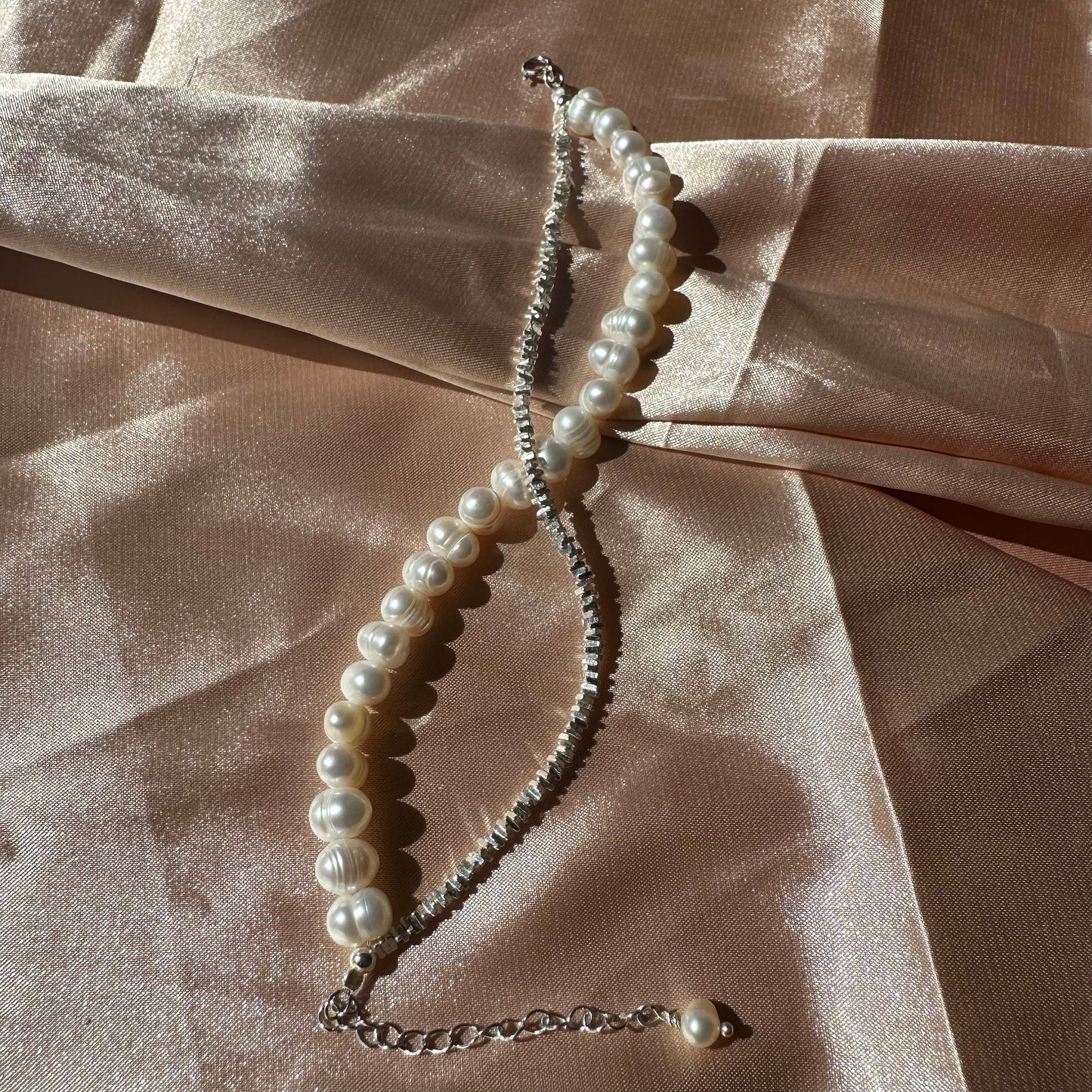 Sterling Silver Beaded Bracelet Bridal Pearl Beaded Bracelet Double Chain bracelet