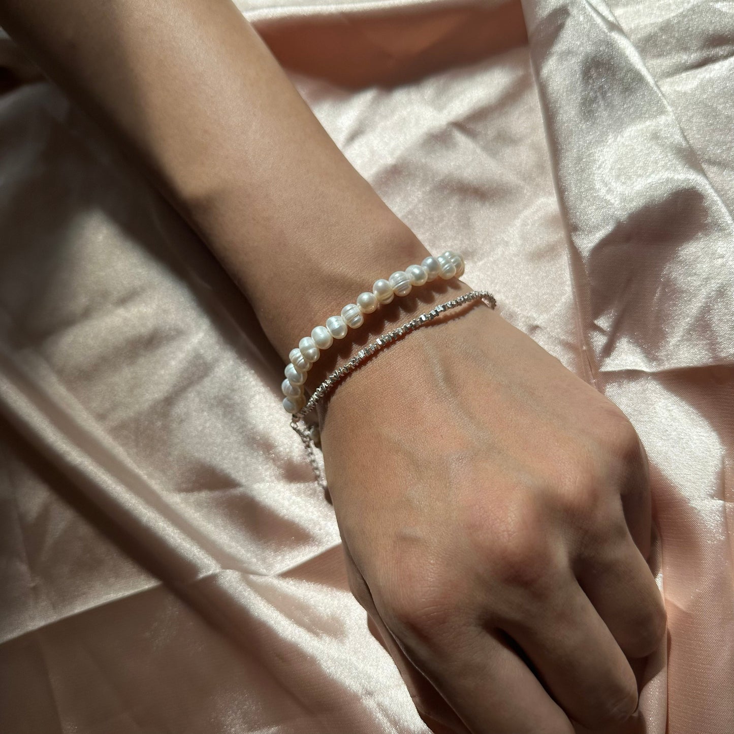 Sterling Silver Beaded Bracelet Bridal Pearl Beaded Bracelet Double Chain bracelet