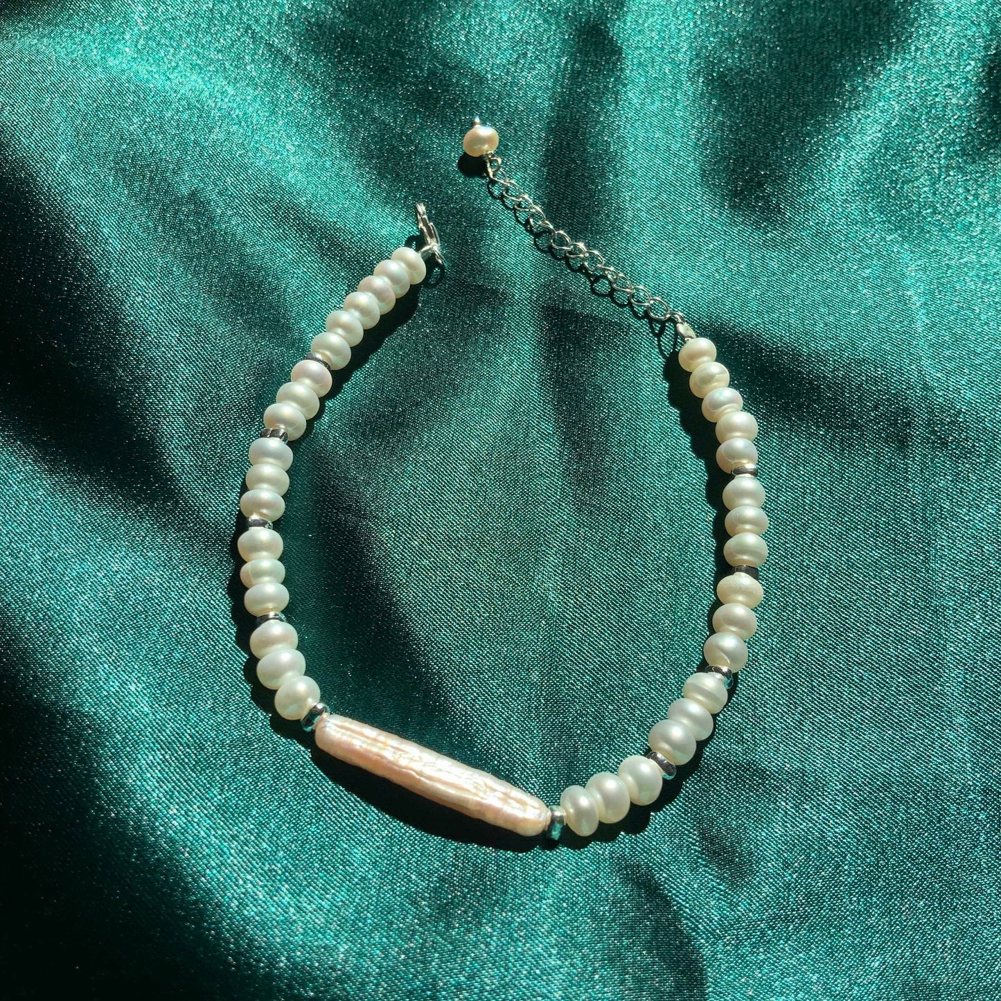 Sterling Silver Beaded Bracelet Bridal Pearl Beaded Bracelet Biwa Stick Pearl bracelet