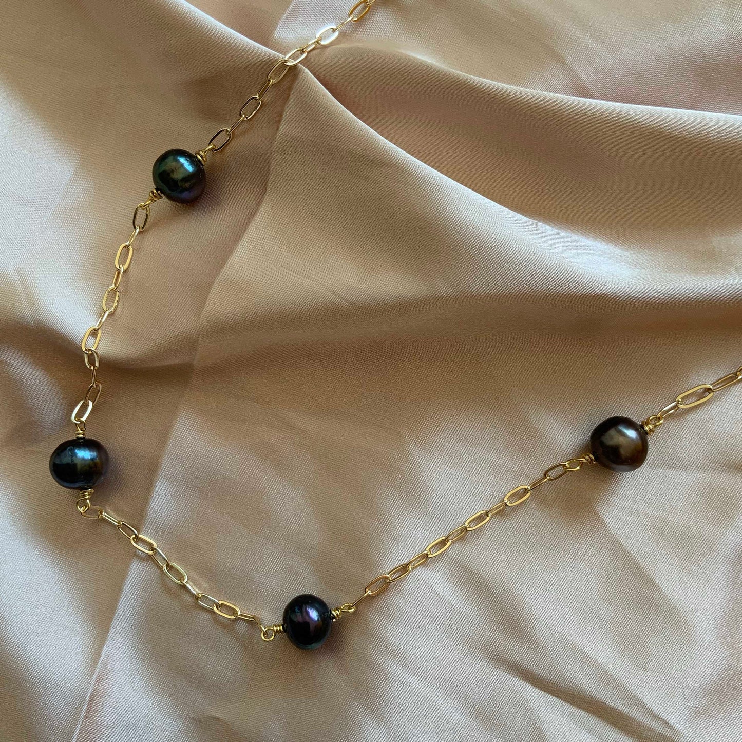 Stationed Black Pearl Necklace Gold Paperclip Chain