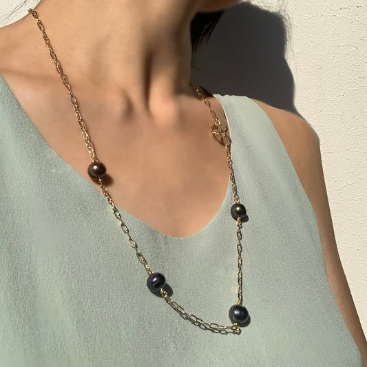 Stationed Black Pearl Necklace Gold Paperclip Chain