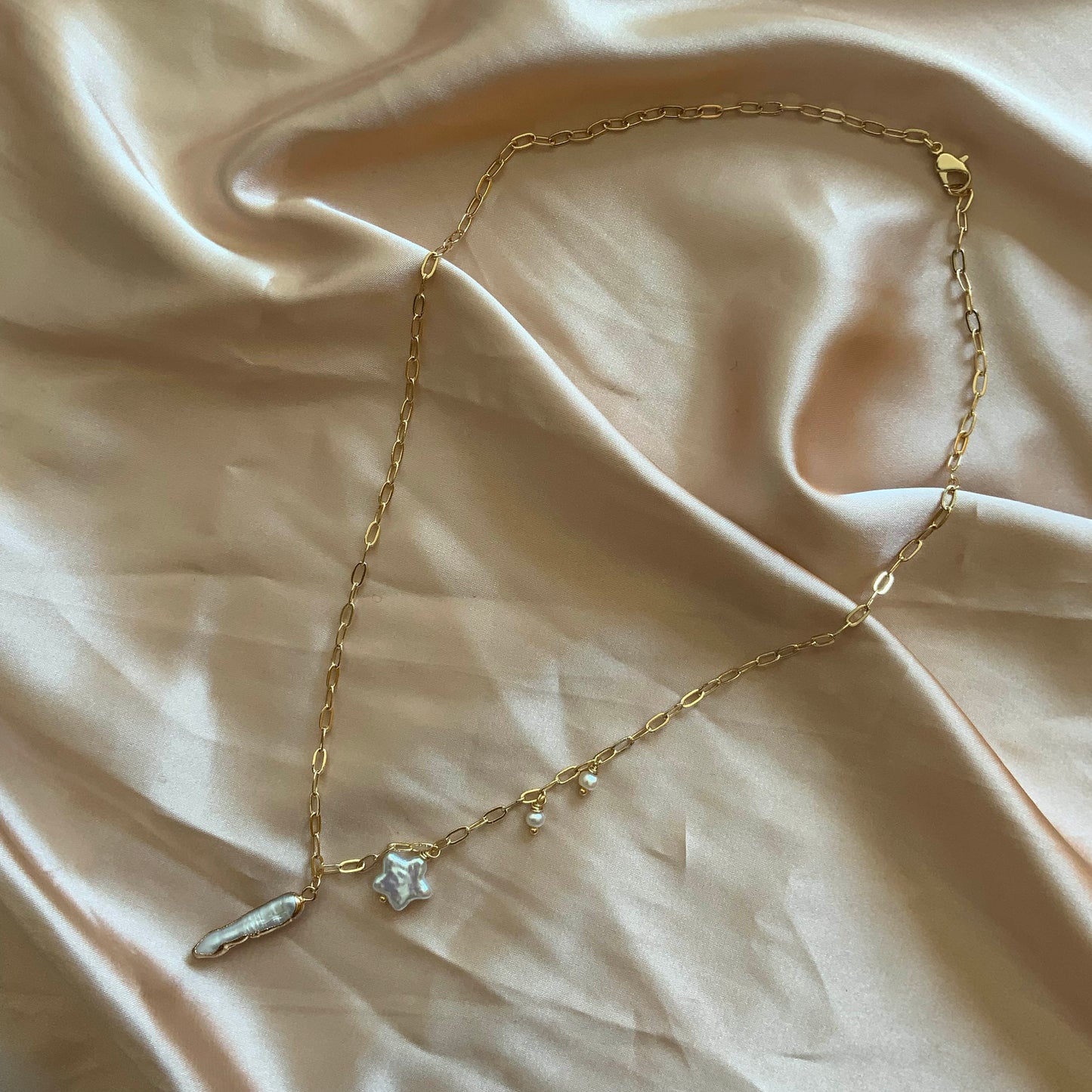 Star Biwa Stick Pearl Pendant Chain Necklace