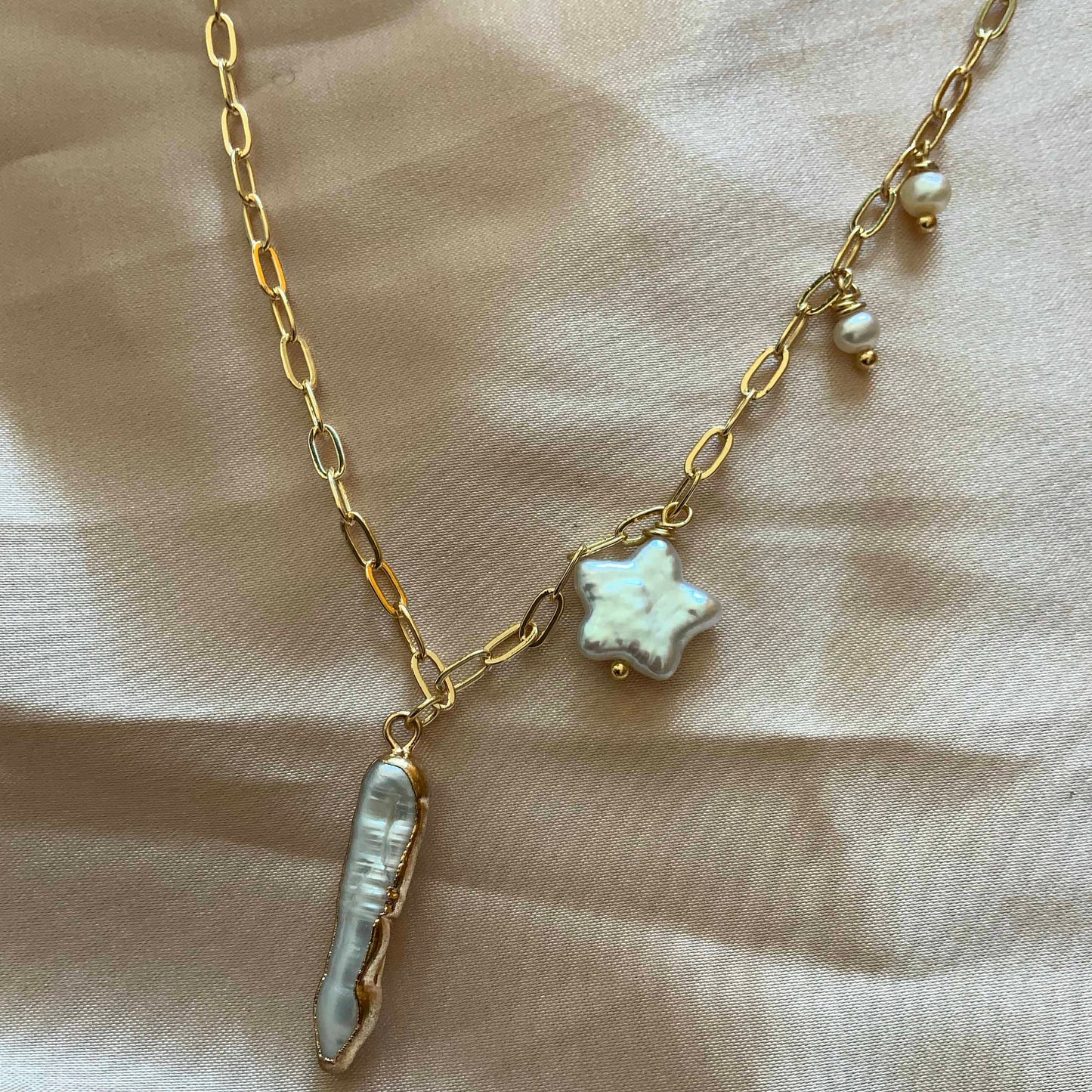 Star Biwa Stick Pearl Pendant Chain Necklace