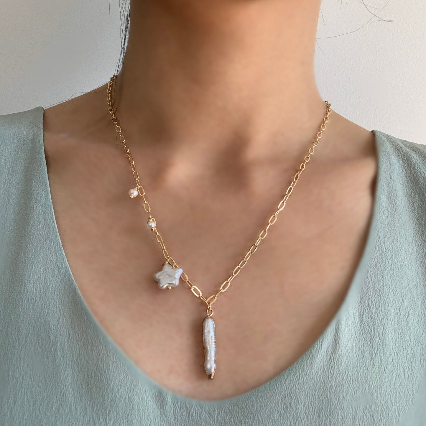 Star Biwa Stick Pearl Pendant Chain Necklace