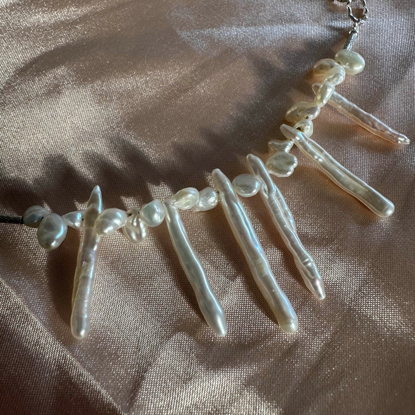 Designer Biwa Stick Pearl Statement Necklace Sterling Silver O Link Necklace Gift For Her Spike Baroque Pearl Link Necklace