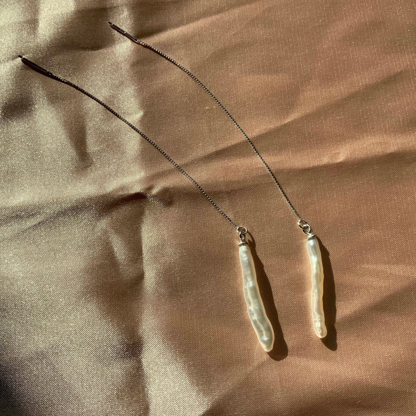 Sterling silver Biwa stick pearl threader earrings