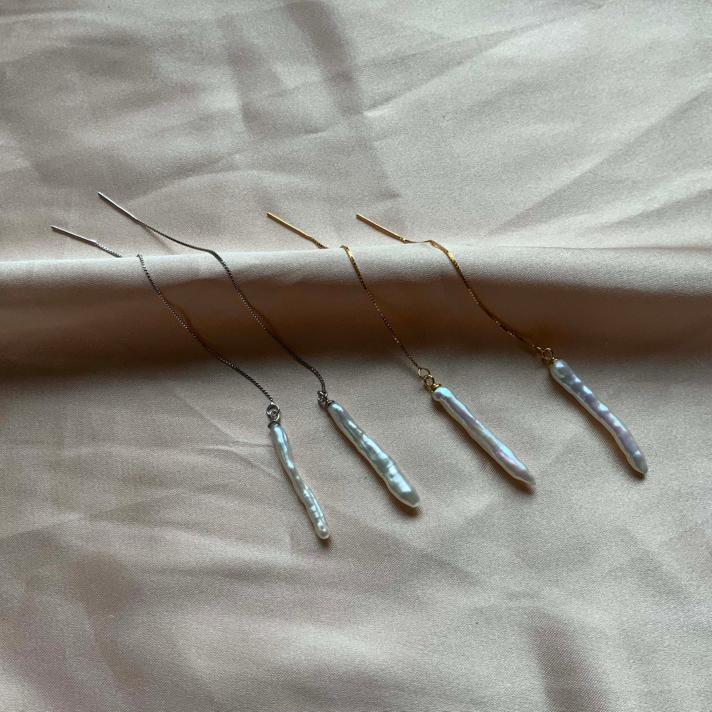Sterling silver Biwa stick pearl threader earrings