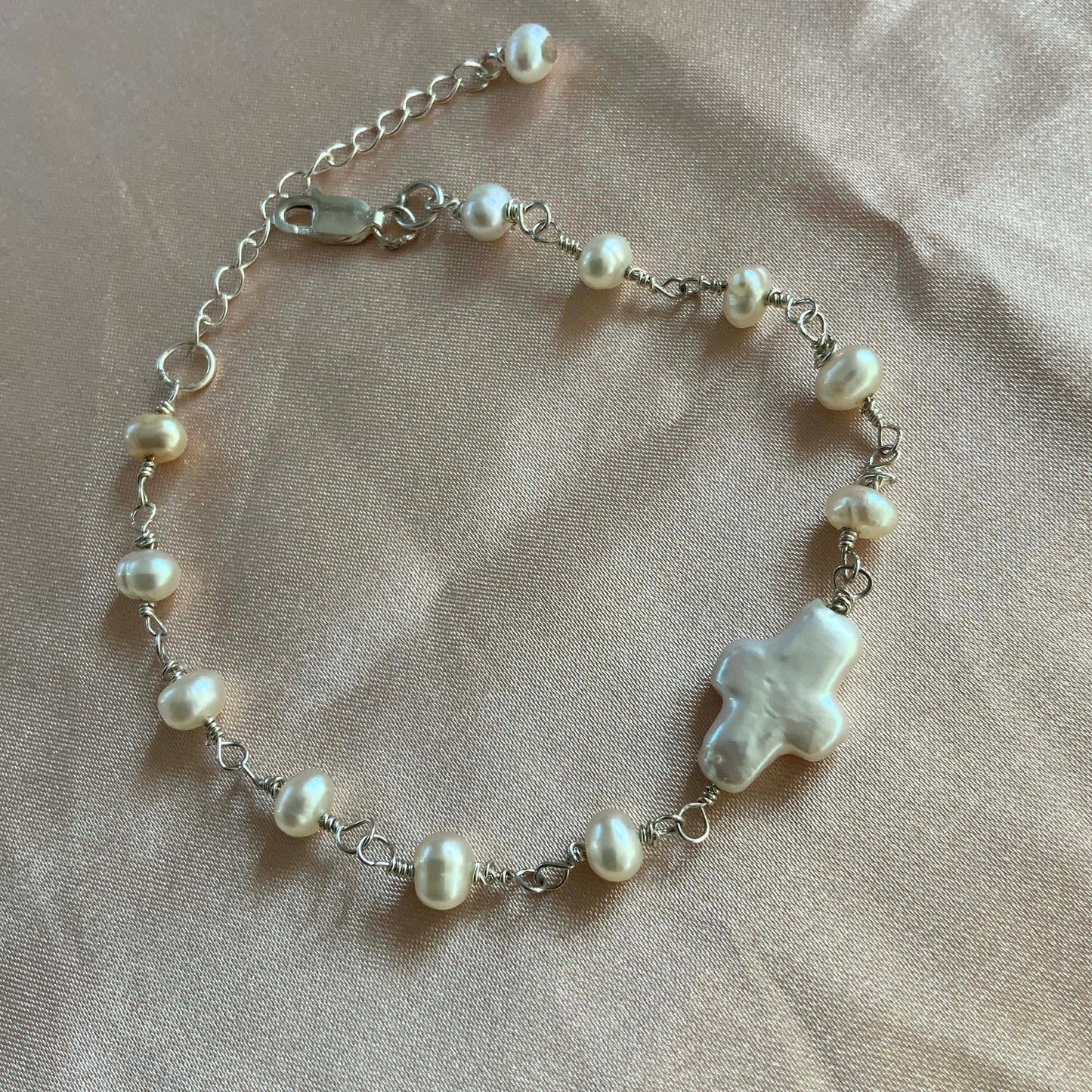 Natural Cross Pearl Sterling Silver Bracelet Handcraft Wirework Gift For Her