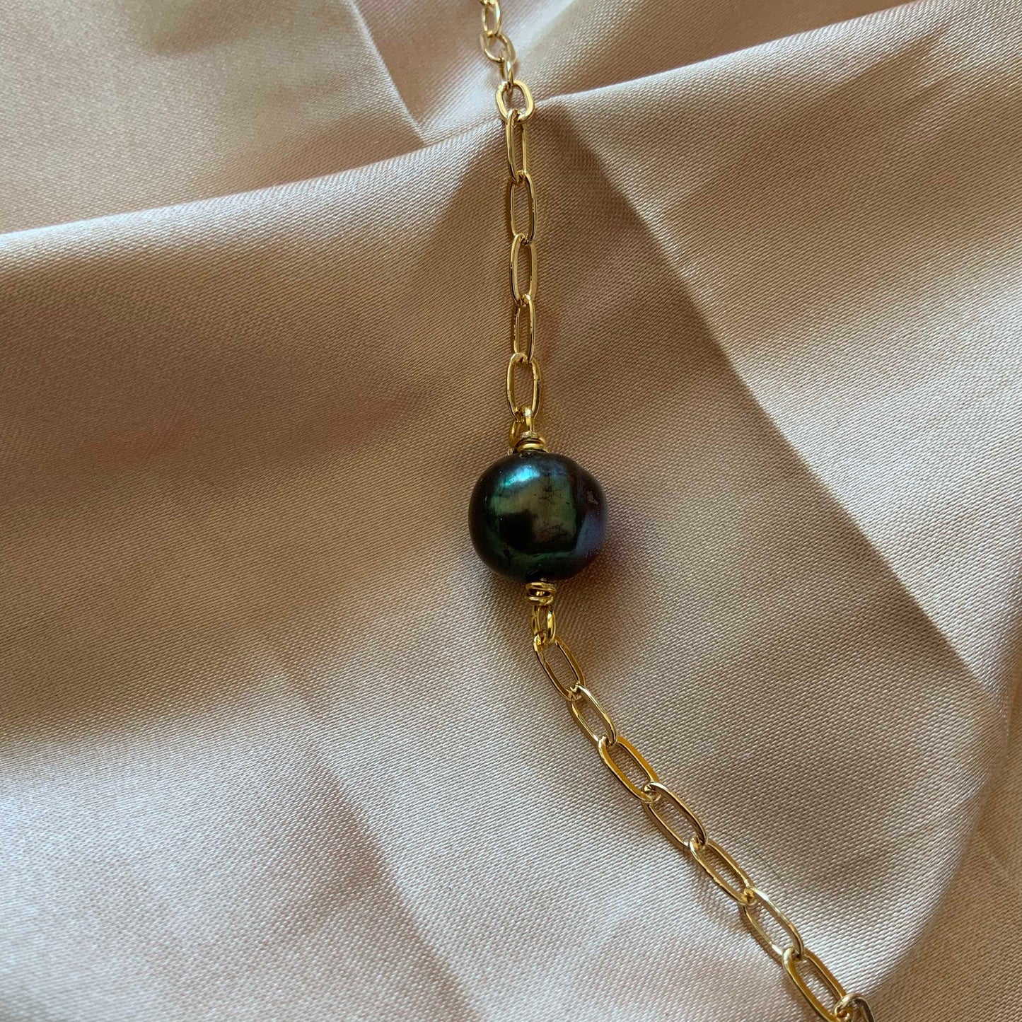 Black Pearl Station Bracelet Gold Paperclip Chain