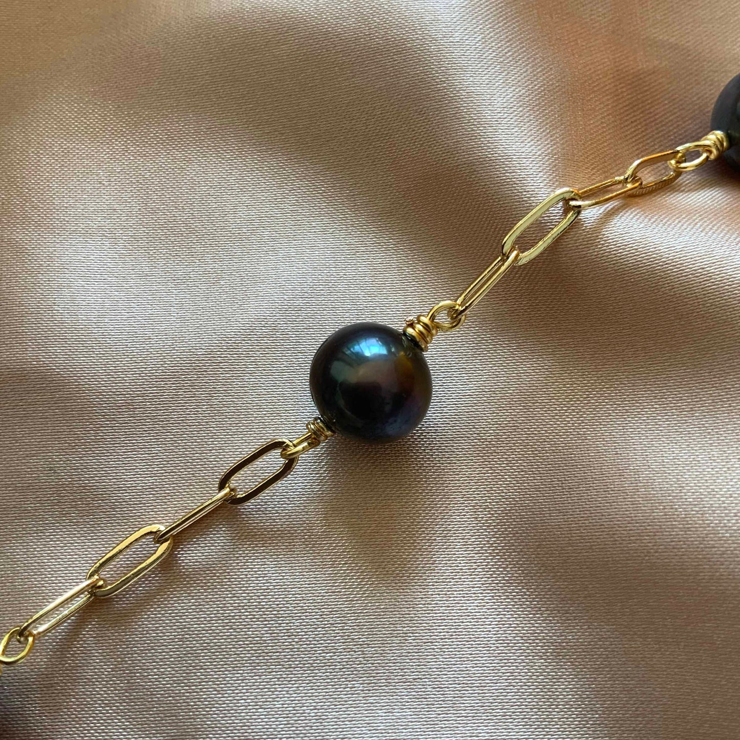 Black Pearl Station Bracelet Gold Paperclip Chain