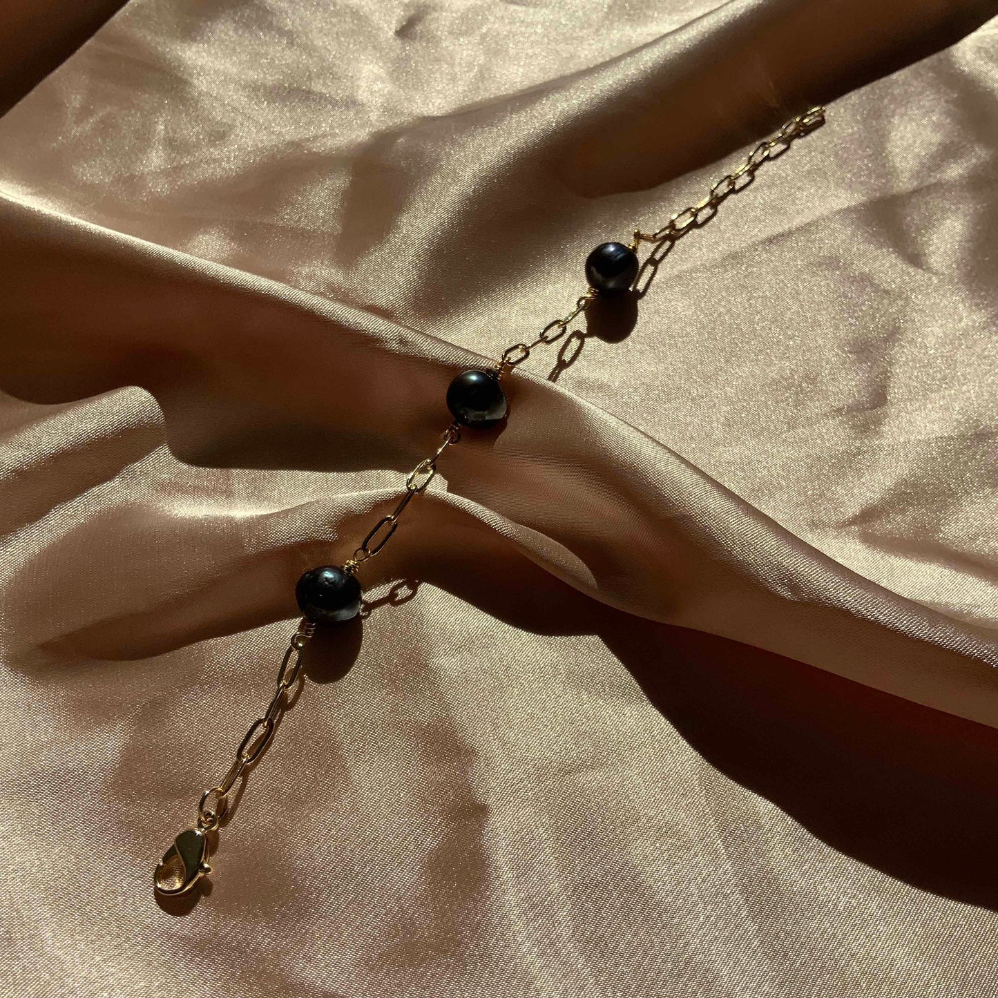 Black Pearl Station Bracelet Gold Paperclip Chain