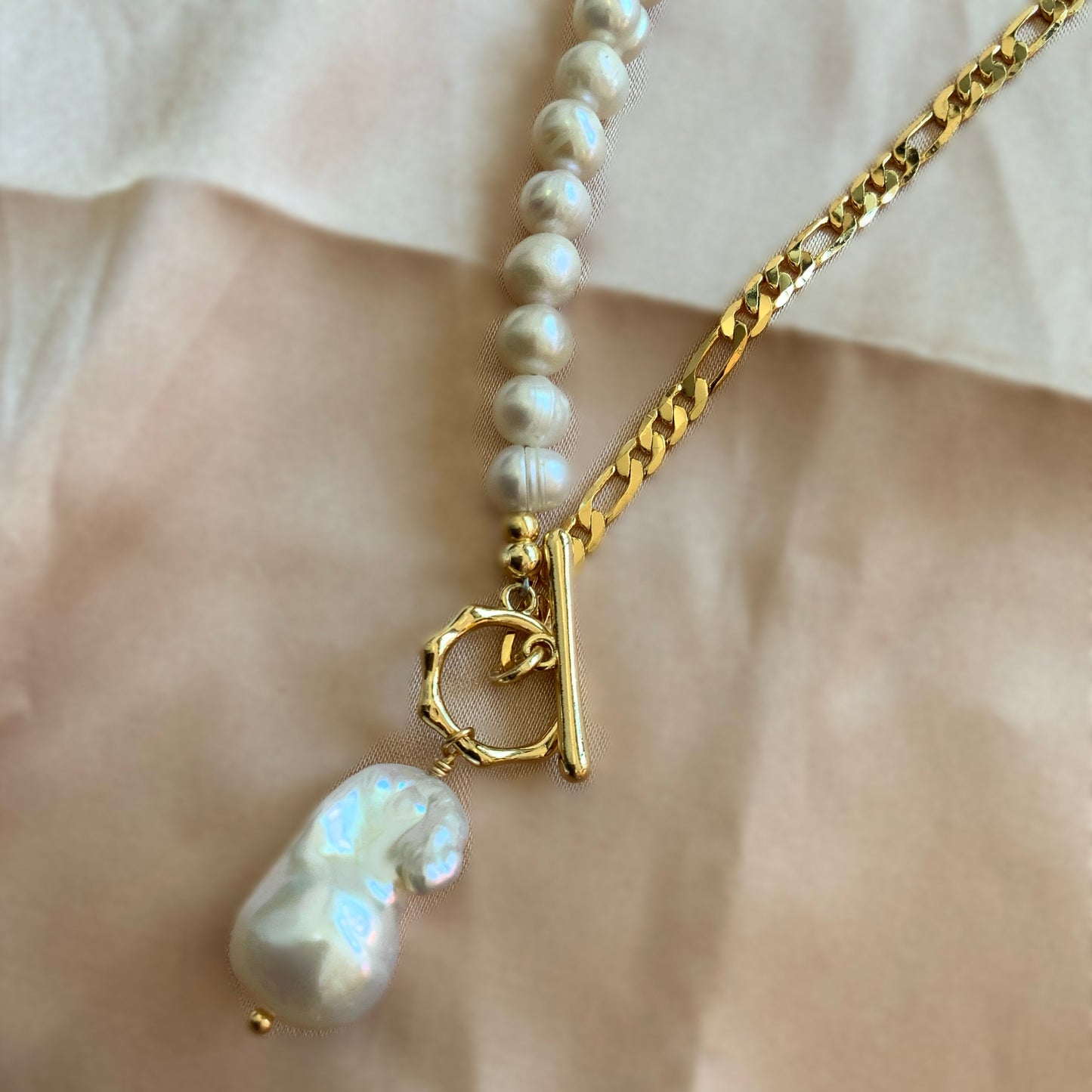 Flame Ball Pearl Gold Fill Necklace Gift For Her Figaro Necklace Beaded Pearl Necklace