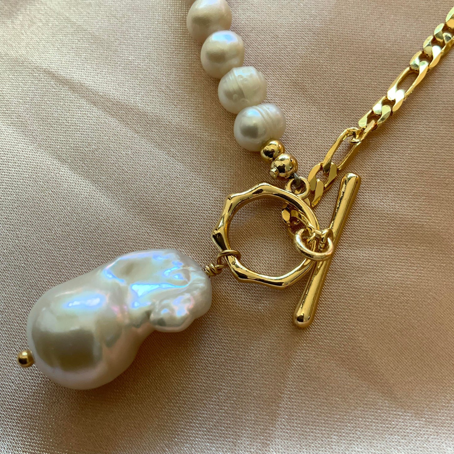 Flame Ball Pearl Gold Fill Necklace Gift For Her Figaro Necklace Beaded Pearl Necklace