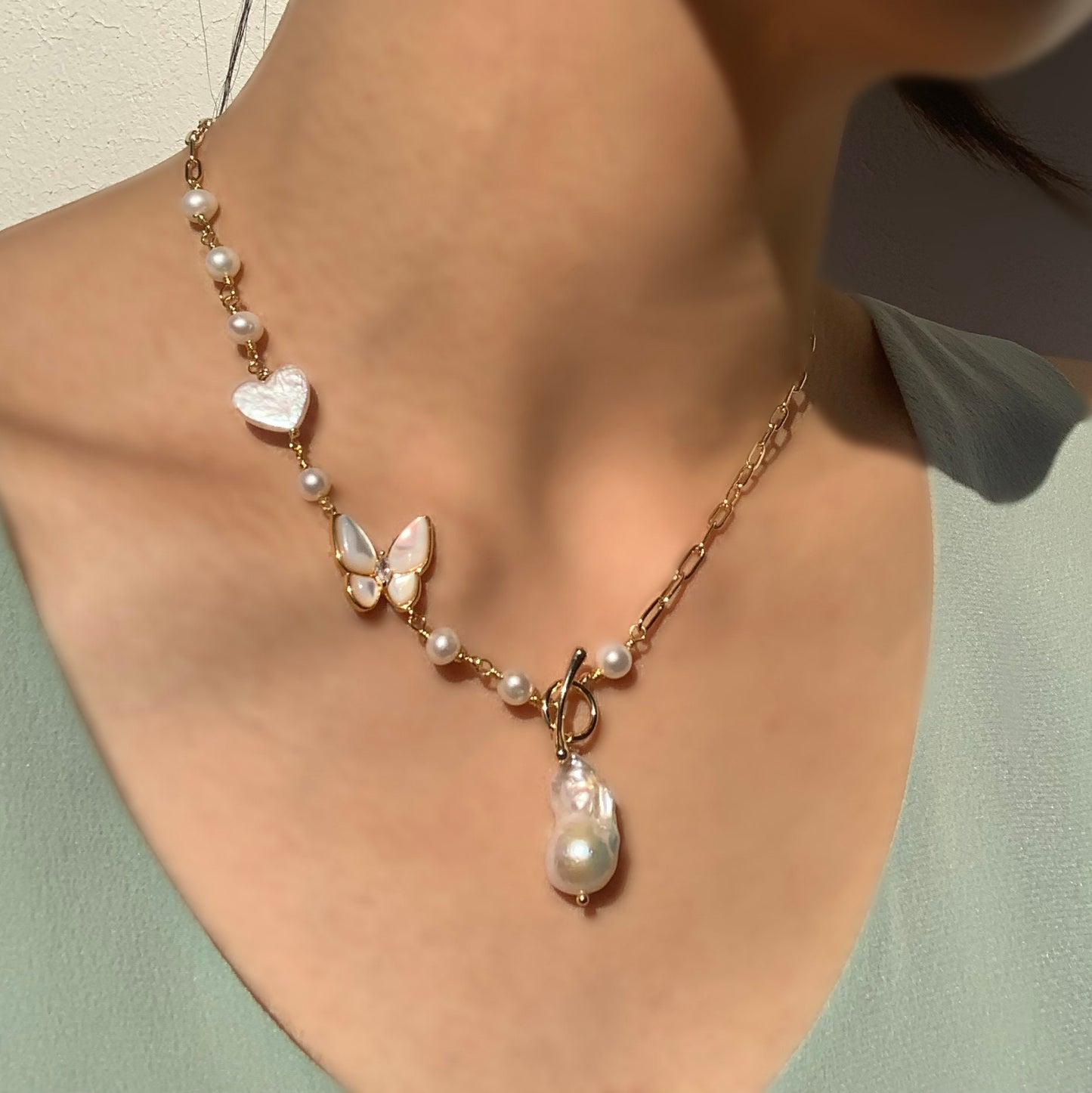 Freshwater Baroque Pearl Pendant Necklace Butterfly Love Heart Necklace Gift for her