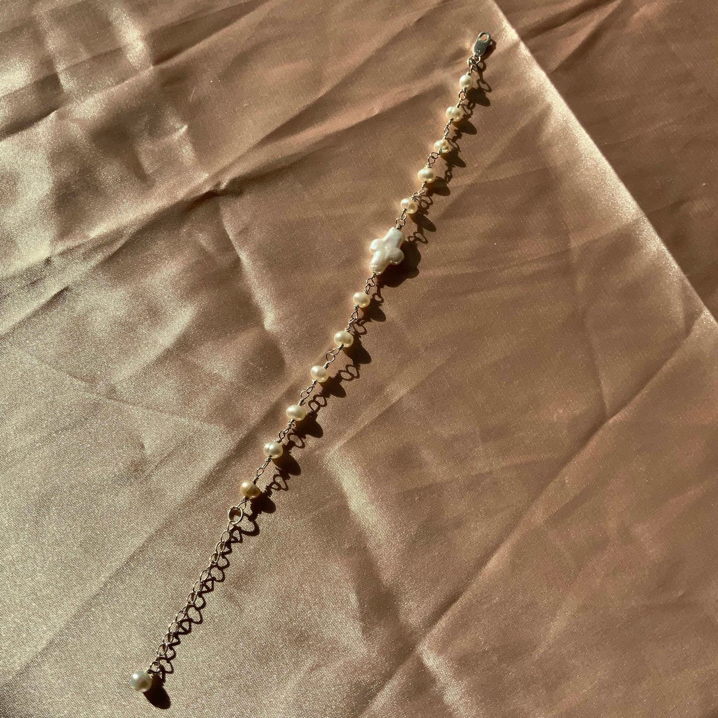 Natural Cross Pearl Sterling Silver Bracelet Handcraft Wirework Gift For Her