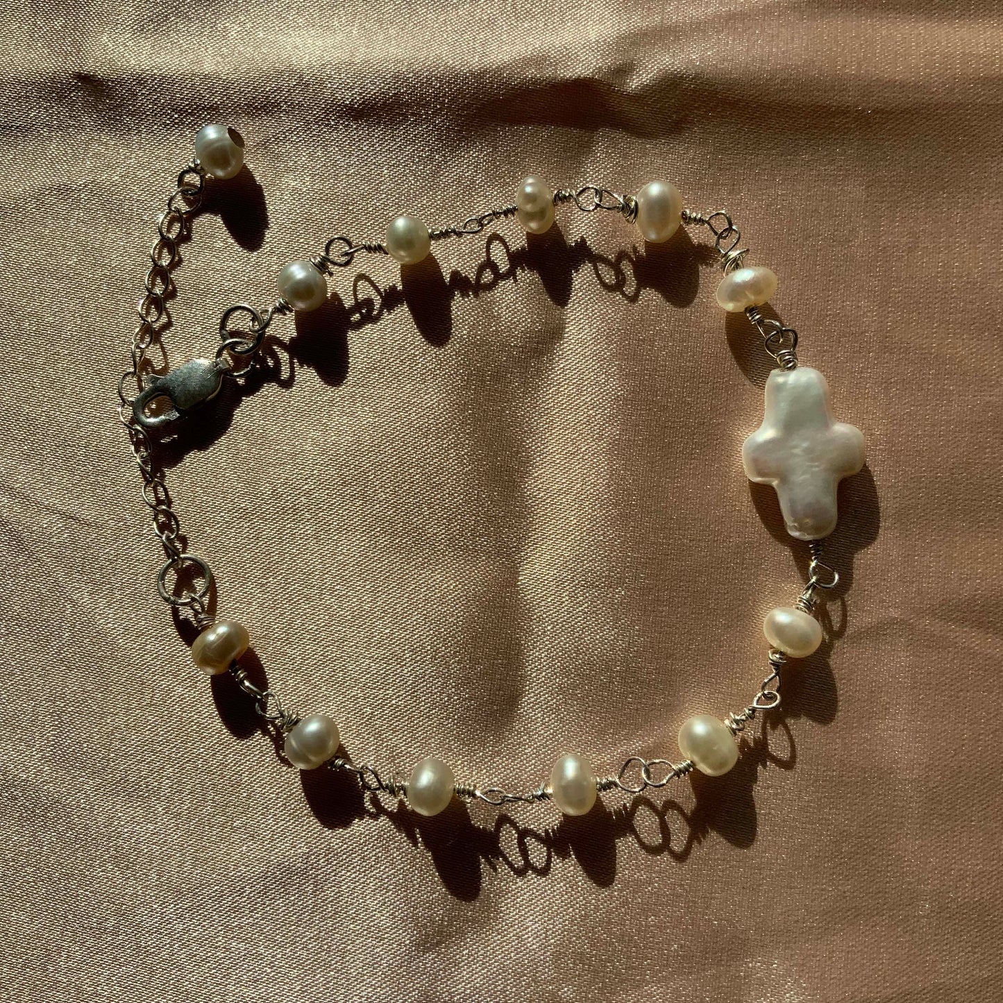 Natural Cross Pearl Sterling Silver Bracelet Handcraft Wirework Gift For Her