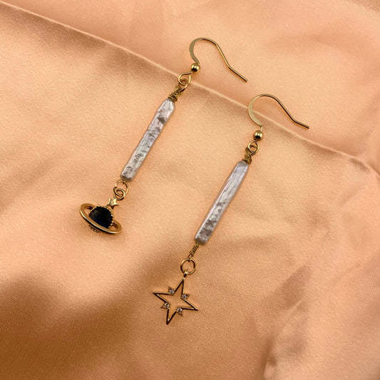 Dangle Biwa Stick Pearl Earrings Natural Freshwater Pearl Earrings 14K Gold Star and Planet Earrings Zircon Mismatch Earrings