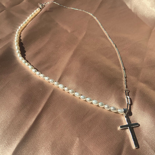 Cross Pendant Sterling Silver Pendant Necklace Gift For Her Curb Chain half beaded pearl Necklace