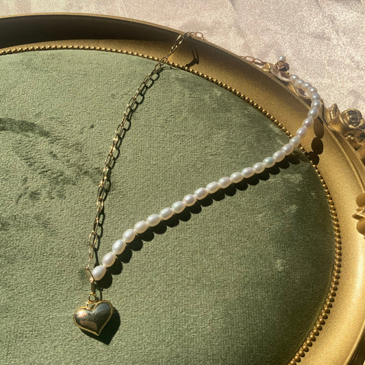 Heart Pendant 18K Gold Fill Pendant Necklace Gift For Her Paperclip Chain half beaded pearl Necklace