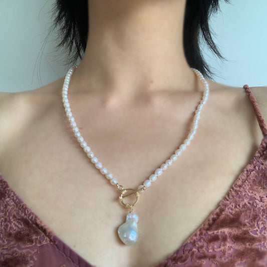 Flame Ball Pearl Gold Vermeil Statement Necklace Gift For Self Her Fully Beaded Necklace Baroque Pearl OT Clasp