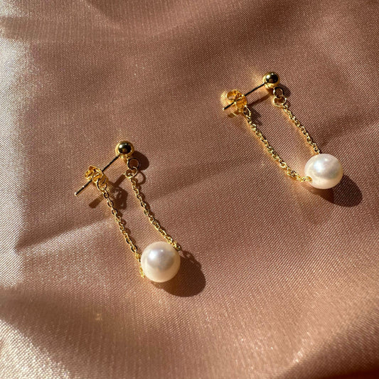Sterling Silver Drifting Pearl Earrings Gold Plated Chain Gift for her
