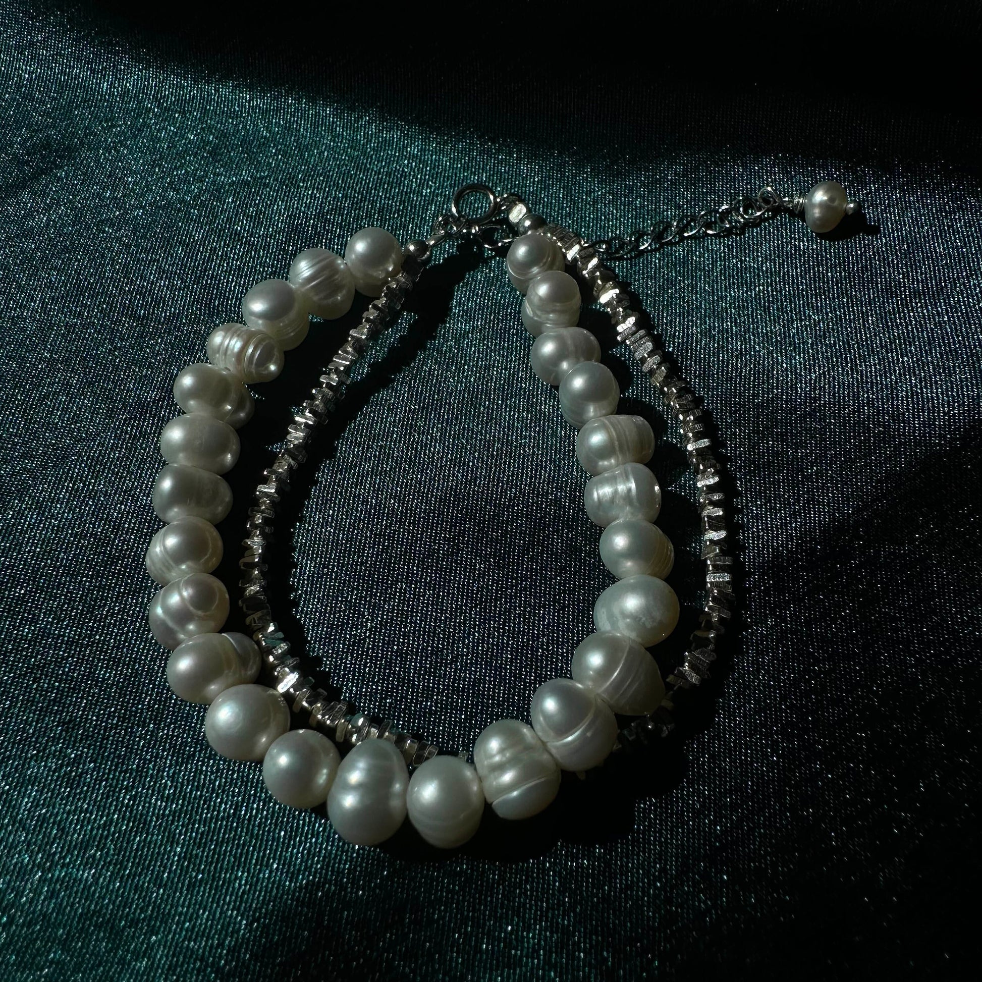 Sterling Silver Beaded Bracelet Bridal Pearl Beaded Bracelet Double Chain bracelet